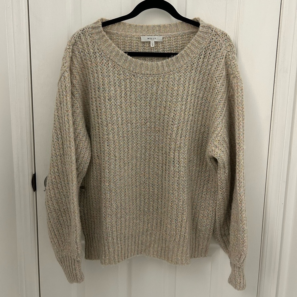 Milly Oversized, Cozy, Knit Sweater, Cream with Coloured Metallic Yarn, Sz M